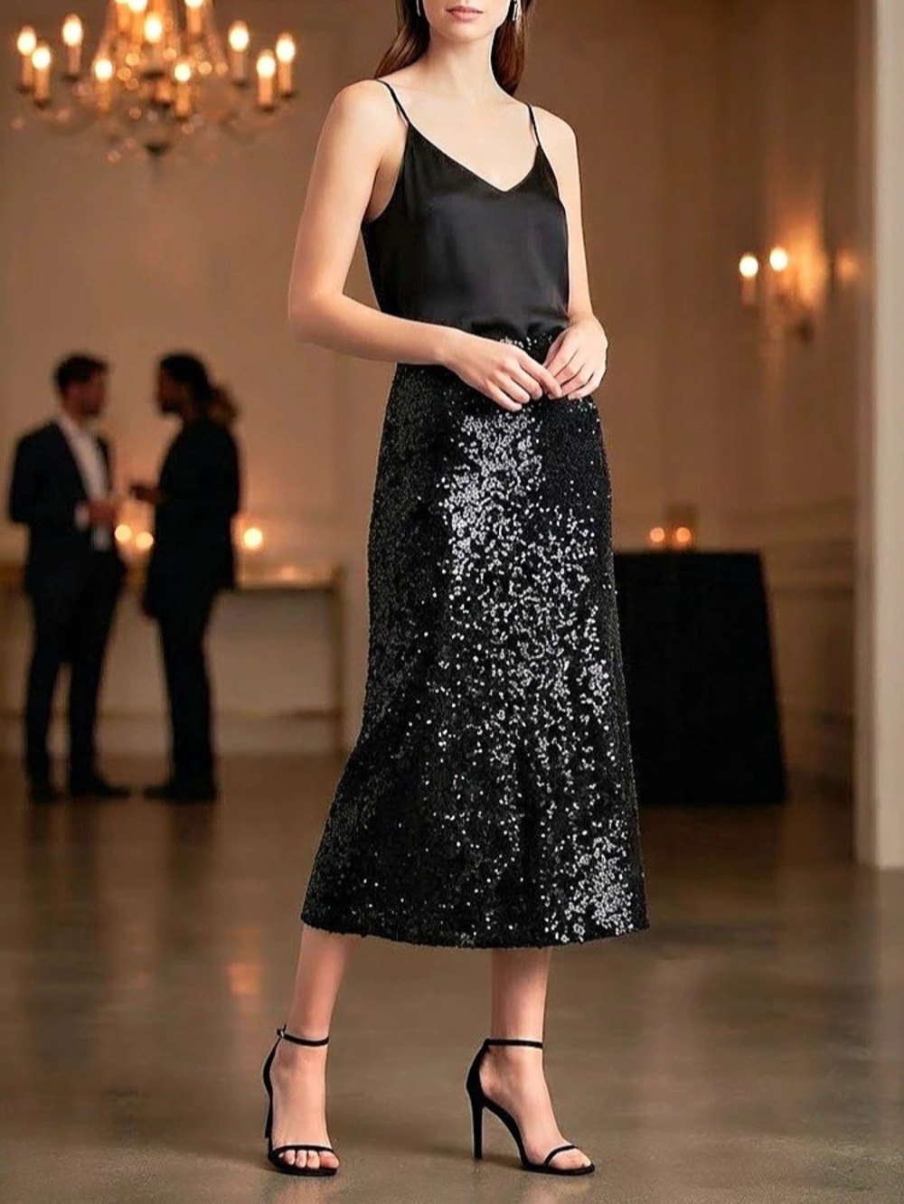 Donna Karan Size S Black Sequin Midi Pencil Skirt  Cashmere Silk Evening Party